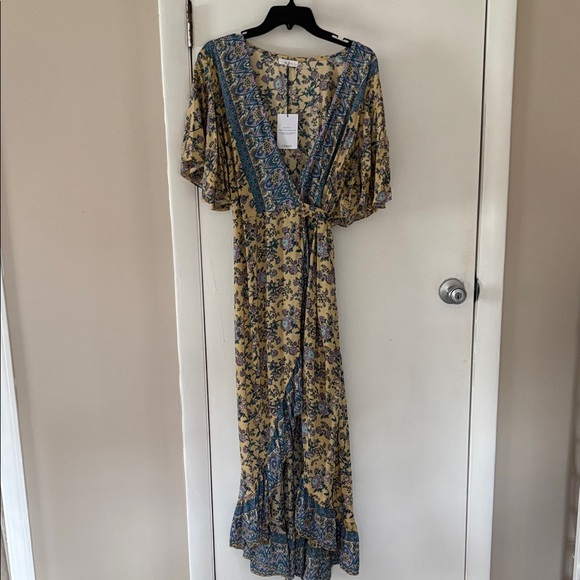 Aura Dresses & Skirts - Aura Yellow Floral Maxi Dress with Blue Paisley Trim